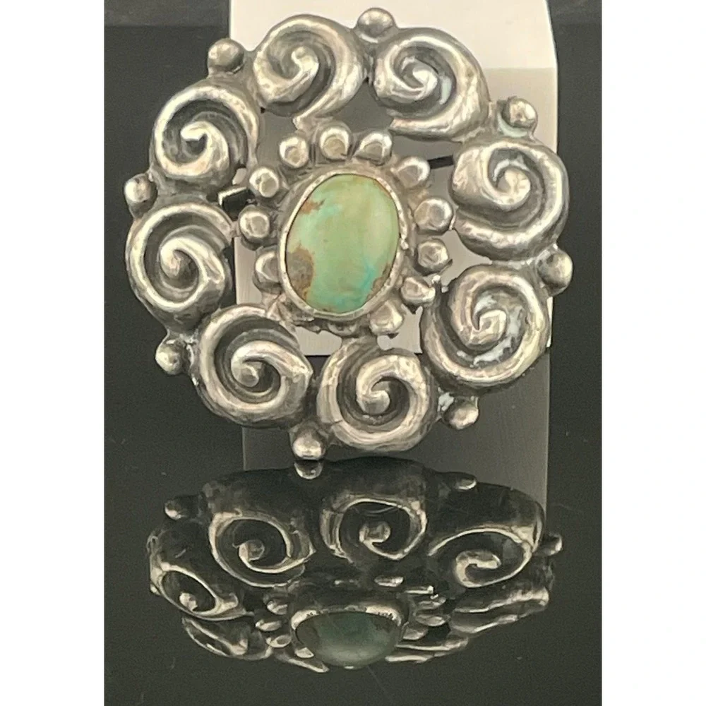 Antique Sterling‎ Silver Turquoise Spiral Brooch Early 1900s Southwest Style